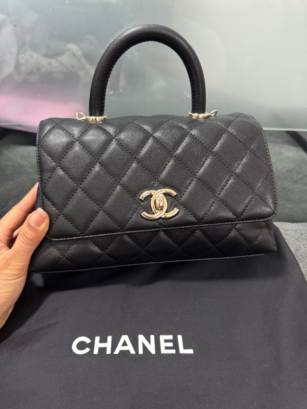 CHANEL Black Quilted Top Handle Satchel with Gold CC Hardware